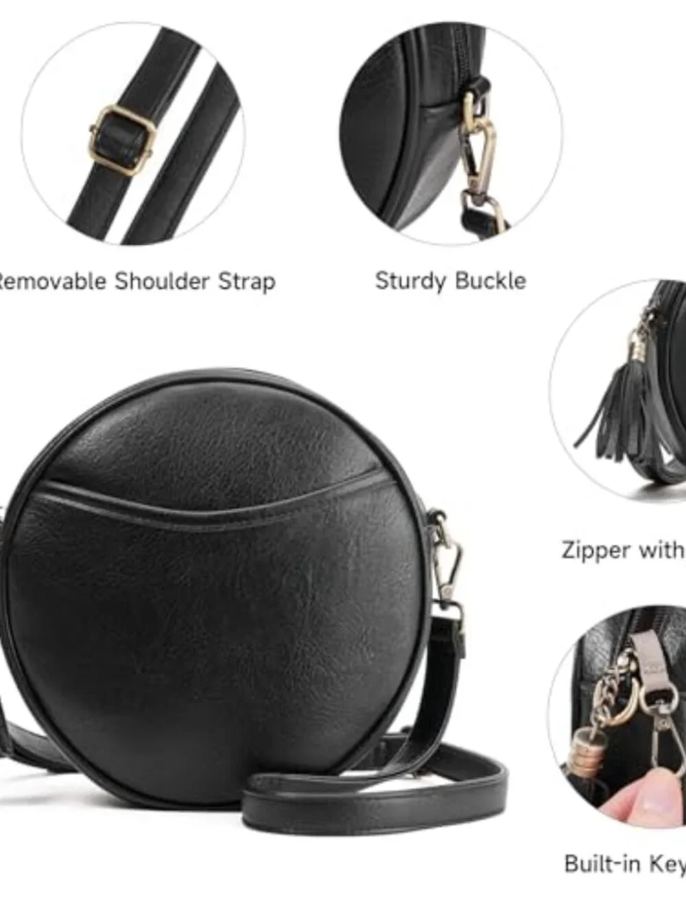Vegan Leather Crossbody Circle Purse with Adjustable Strap